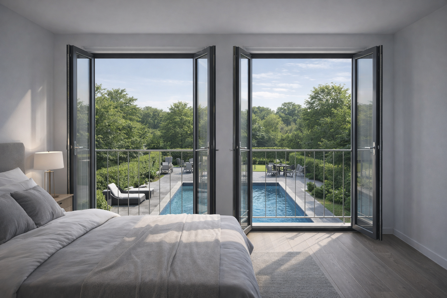 Beispielbild eines Schlafzimmers mit Balkonblick