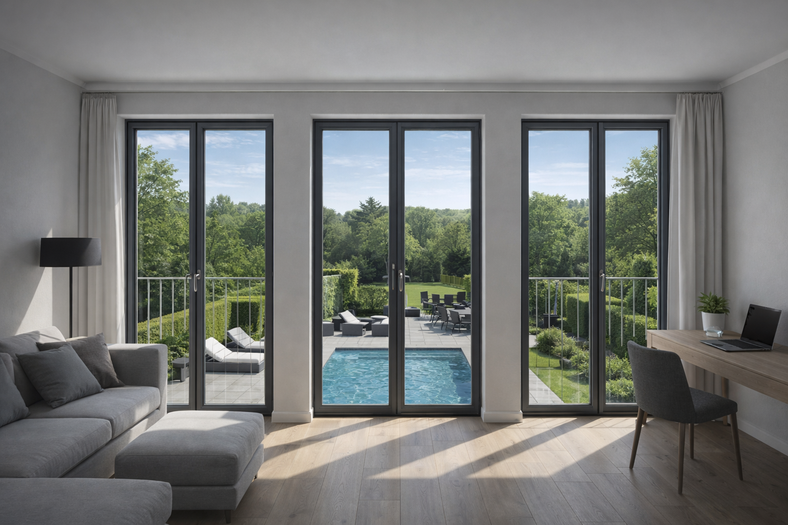 Beispielbild eines Aufenthaltsraums mit Balkon und Gartenblick