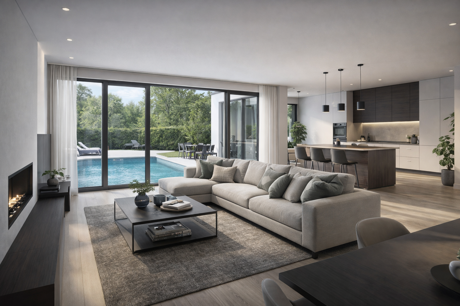 Beispielbild von Wohn- und Küchenbereich mit Blick in den Garten