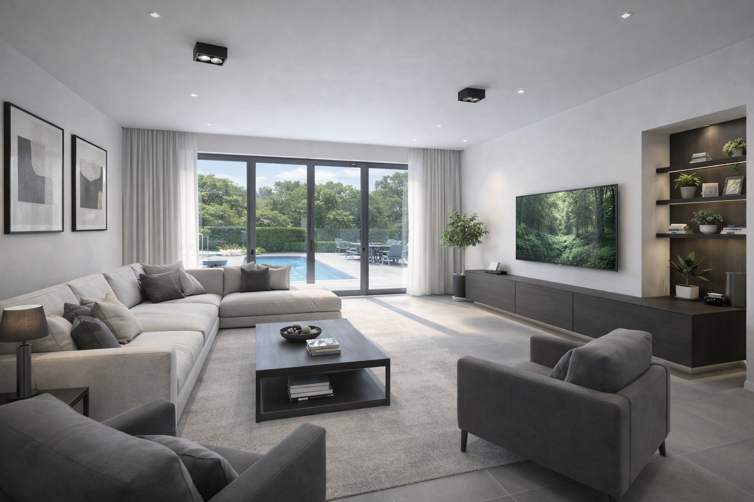 Beispielbild eines Wohnzimmers mit Blick in den Garten